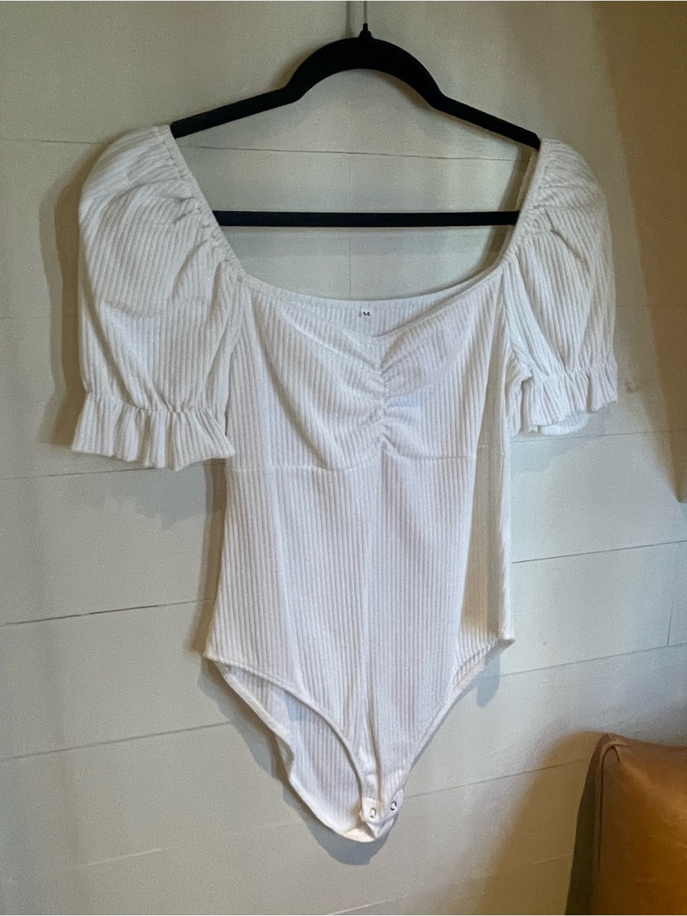 White Ribbed Puff-Sleeve Square Neck Bodysuit